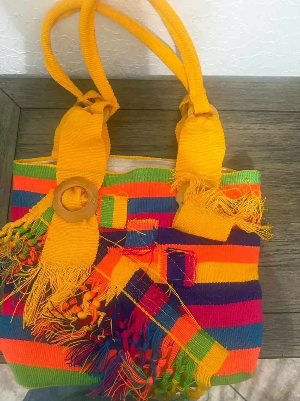 Colorful Colombian Woven Tote Bag Rainbow Stripe Boho Fringe Lined Shoulder Bag